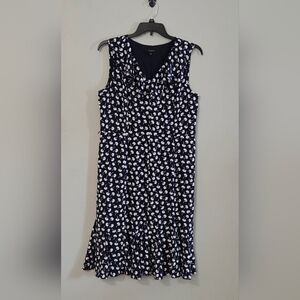 Talbots Navy and White Floral V-neck Dress with Ruffles Size 16
